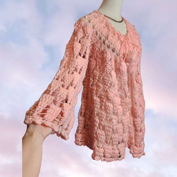 Vtg Handmade Pink Open Knit Coquette Cottage Prairie Bell Sleeve Knit Sweater - Picture 3 of 7